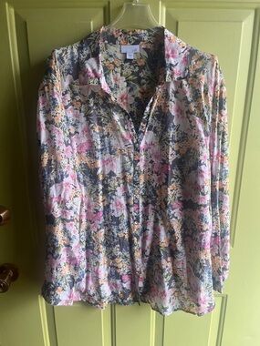 J. Jill Sheer Floral Button-Front Blouse in Pink, Yellow & Green